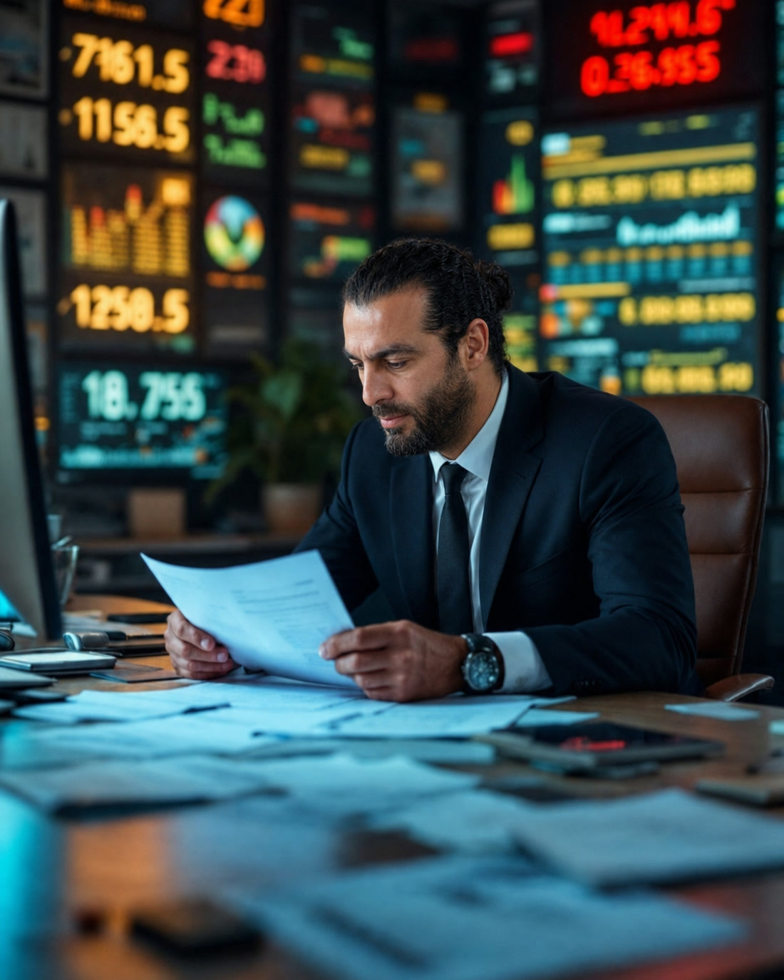 Hesam Ebrahimnezhad at his desk, reading market reports