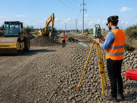 Total station on its tripod while material is placed